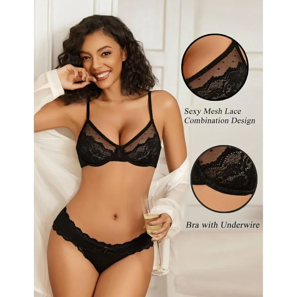 Women's Black Lace Balconette Underwire Unlined Sheer Lingerie Bra